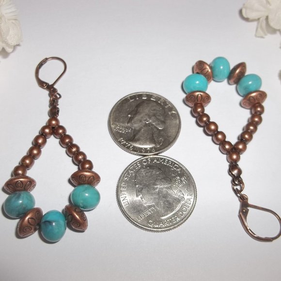 Southwestern Hoop Earrings Turquoise Blue and Rustic Copper Boho Style Set 7013 - Picture 3 of 9
